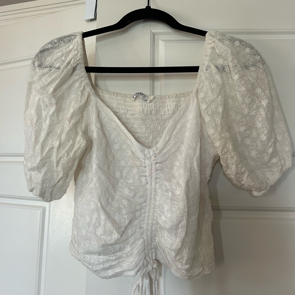 White Ruched Puff Sleeve Top